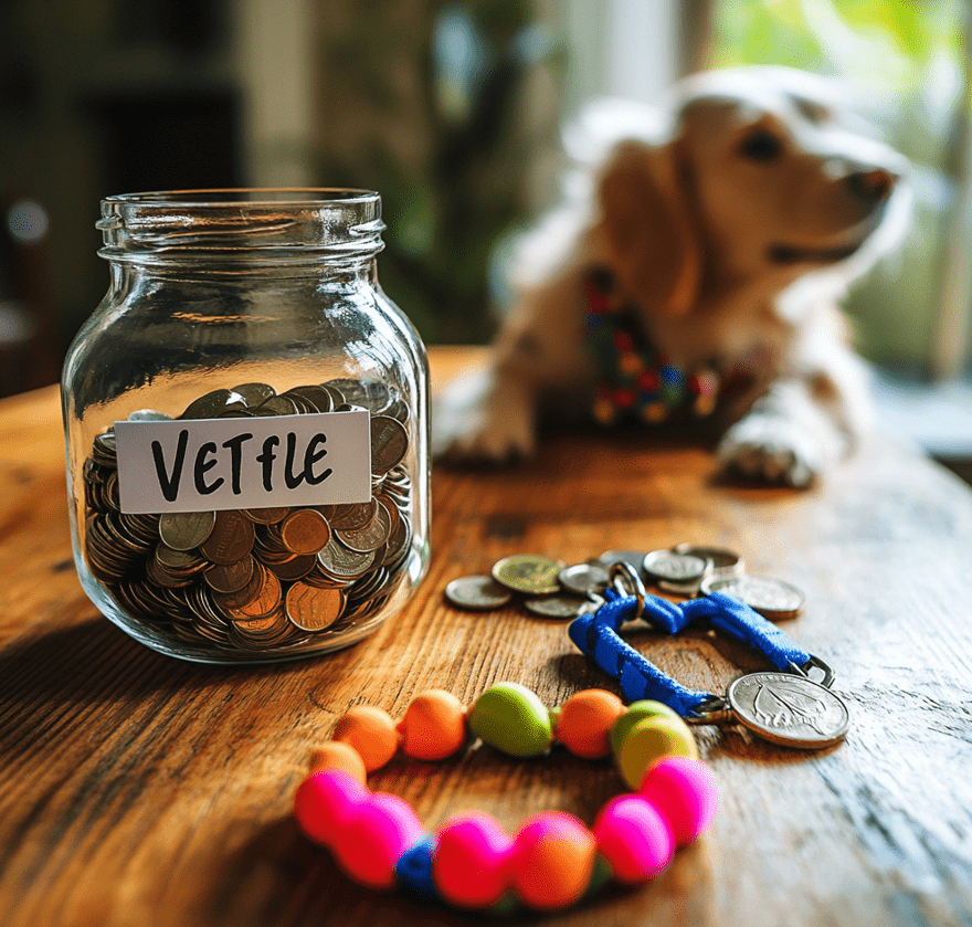 A jar labeled "Vet Savings" filled with coins, placed next to a pet's collar and toy, symbolizing financial planning for pet care.
