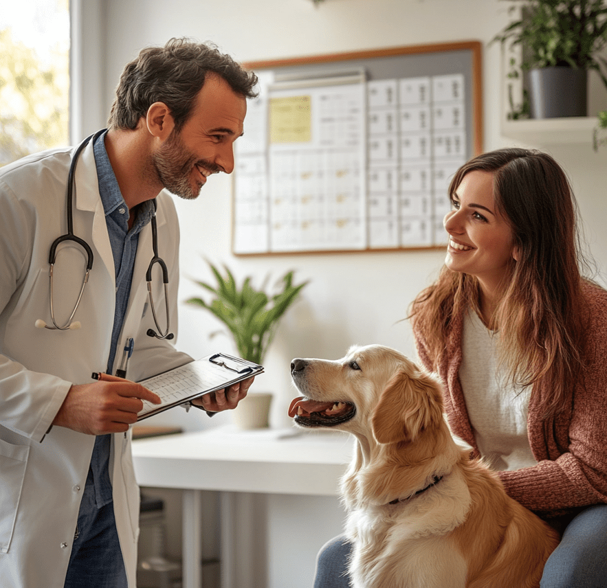  A veterinarian consulting a pet owner, pointing to a calendar while holding a clipboard, with a dog sitting nearby.