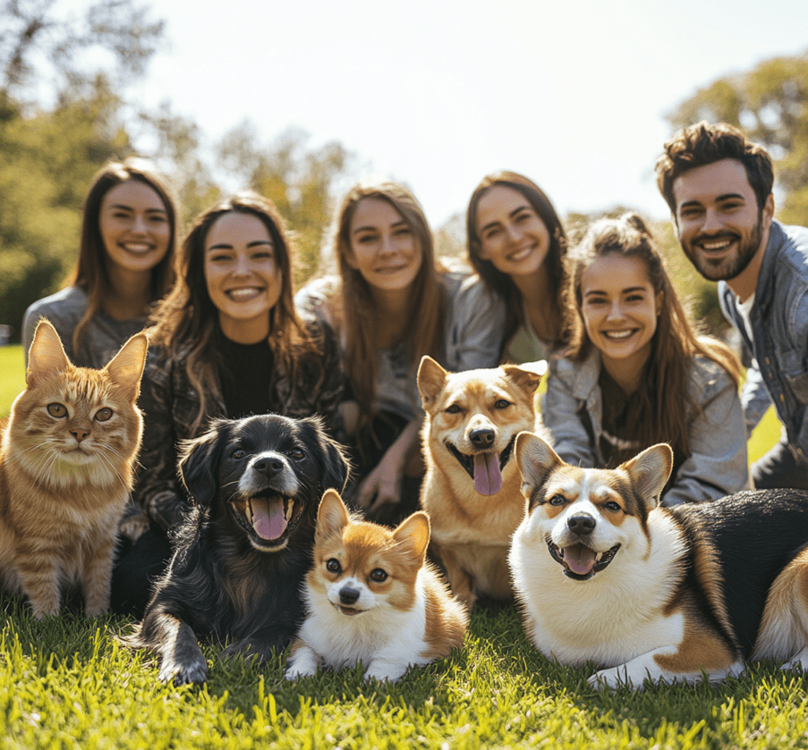 A group of diverse pet owners with their happy pets gathered in a park, symbolizing community and responsible pet ownership.
