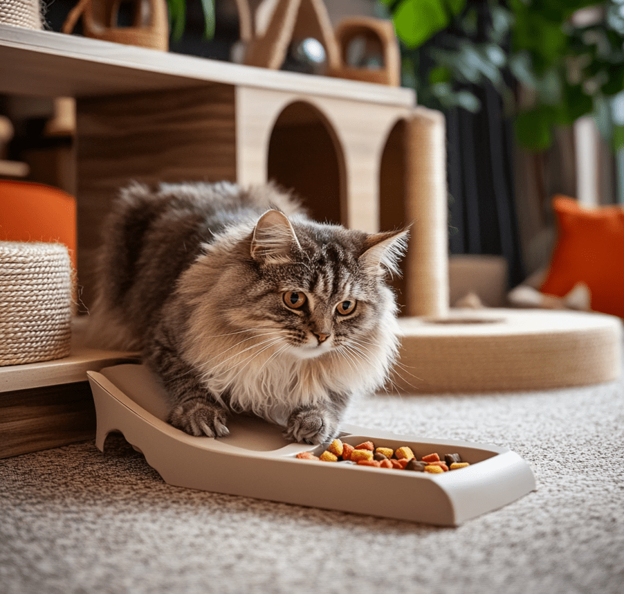 A playful cat engaging with an interactive toy, such as a puzzle feeder, surrounded by senior-specific accessories like a ramp and scratching post.
