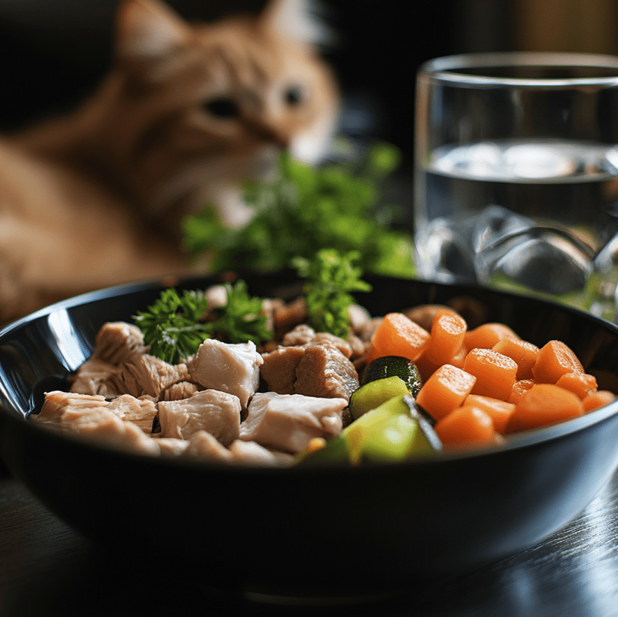 A bowl of high-quality senior cat food with visible, wholesome ingredients like fish or chicken, paired with a glass of fresh water beside it.