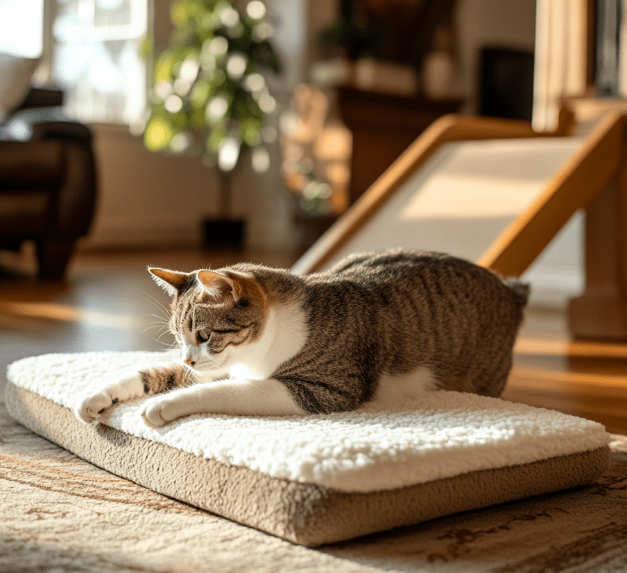 A senior cat stretching comfortably on a soft orthopedic bed with ramps visible in the background.
