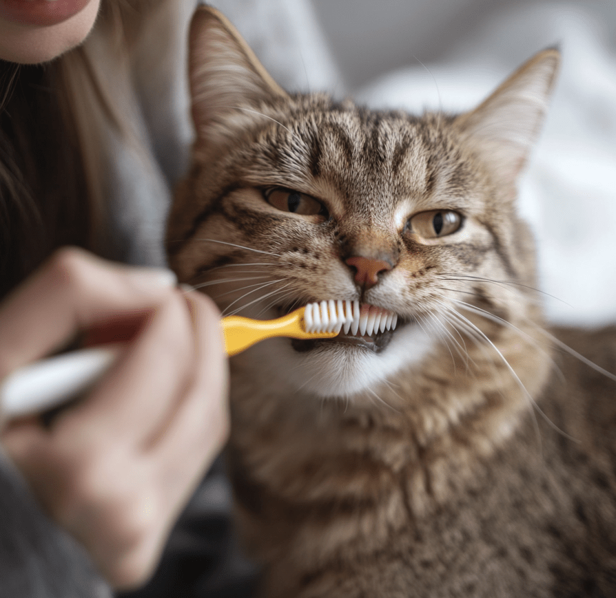 A cat owner gently brushing a cat’s teeth using a toothbrush designed for pets, with dental treats visible nearby.
