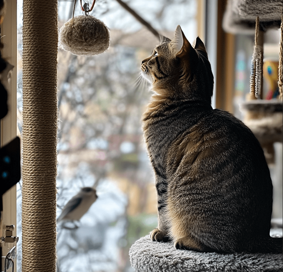 A senior cat climbing a cat tree or watching birds through a window perch, surrounded by various interactive toys.
