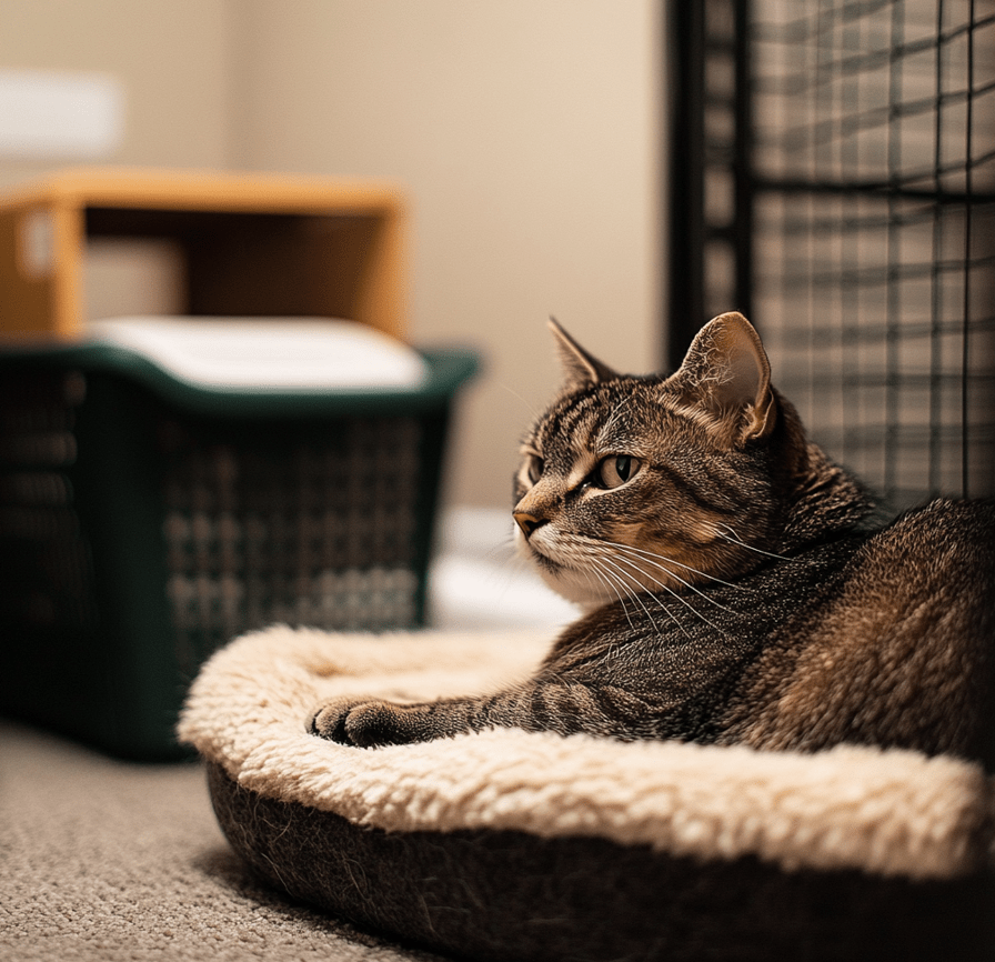 A cozy room with a heated cat bed, a low-sided litter box, and accessible furniture, creating a senior-friendly environment.