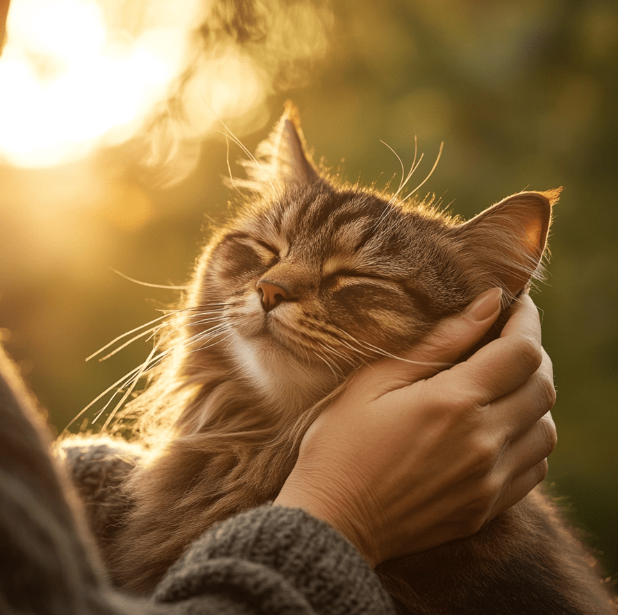 A happy, healthy senior cat being gently petted by its owner in a serene outdoor setting.
