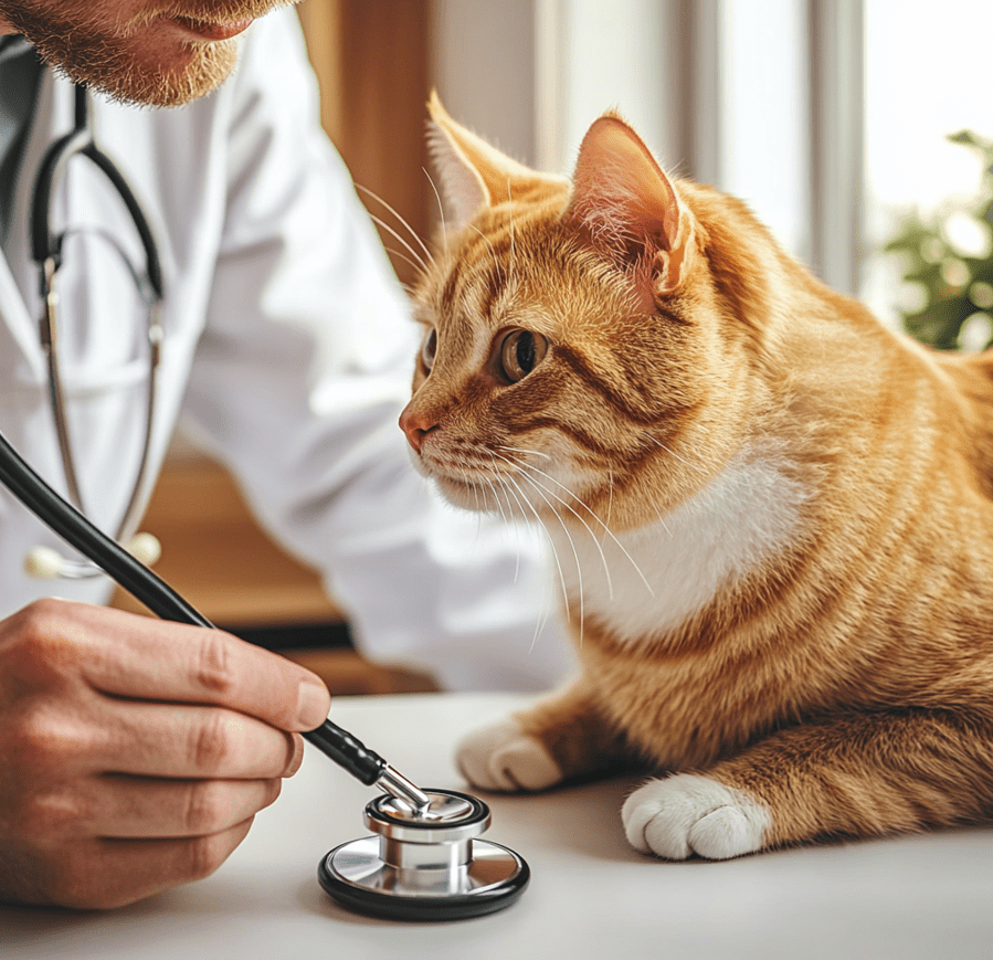 A veterinarian examining a calm cat with a stethoscope, highlighting the importance of regular check-ups.