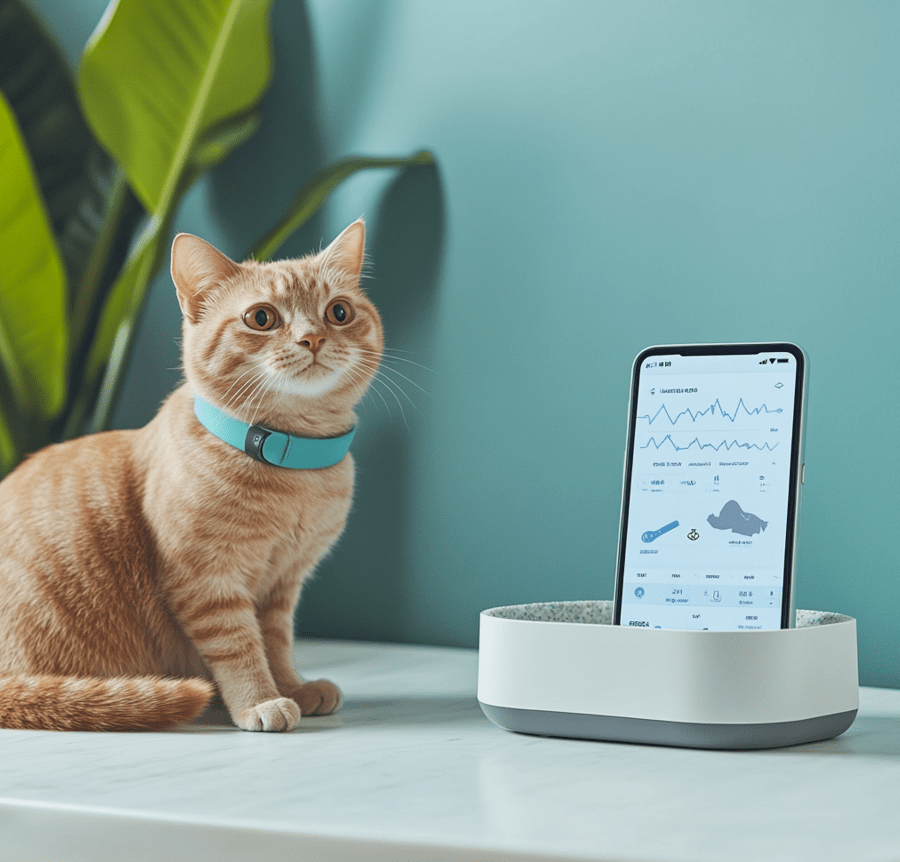 A futuristic setup with a cat wearing a small health tracker, near a smart litter box and a mobile phone displaying a pet health app interface.
