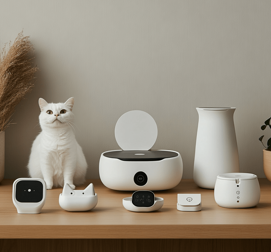 A variety of cat health gadgets displayed neatly on a table, including a GPS collar, a wearable tracker, a smart feeder, and a smart litter box.
