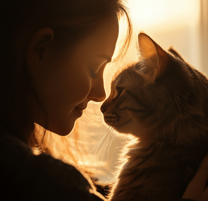 A heartwarming moment with a person gently petting a healthy, playful cat, emphasizing the bond between owner and pet.