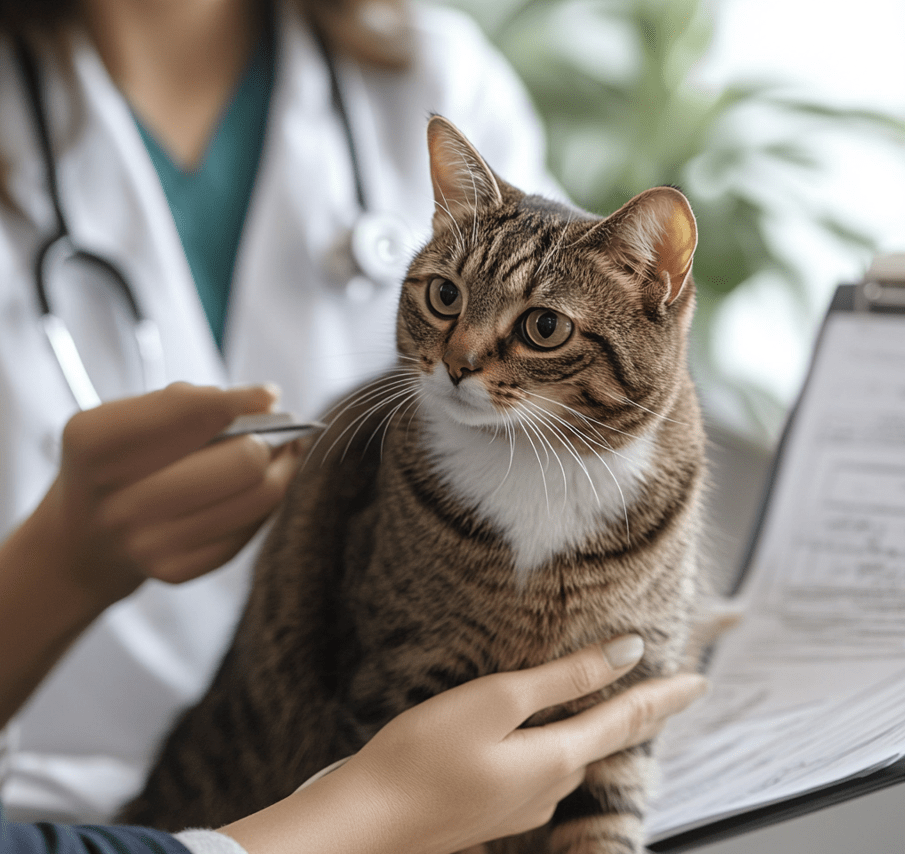 A worried pet owner sitting with a sick cat at a veterinary clinic, holding the cat close, while a vet explains something in the background. 