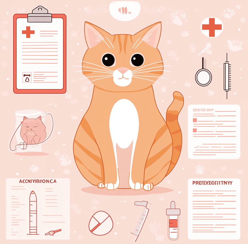 An infographic-style image showing icons for different types of cat health insurance: accident-only, comprehensive, preventive/wellness, and emergency coverage. Each icon could feature simple visuals like a cat with a bandage, a clipboard with a medical cross, or a heart symbol. 