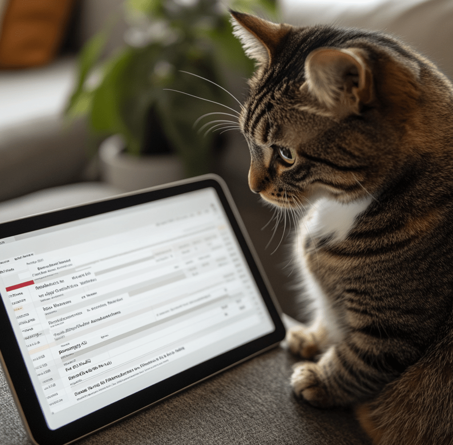 A comparison chart on a tablet screen with a cat sitting beside it. The screen shows rows of insurance plans with highlighted features like age, breed-specific risks, and reimbursement limits. 