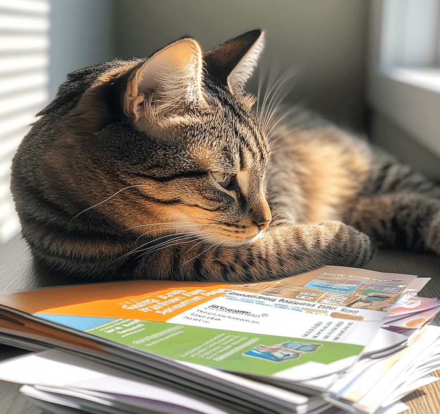 A cat lounging comfortably next to brochures or booklets labeled with the names of top pet insurance companies (e.g., Healthy Paws, Trupanion). 