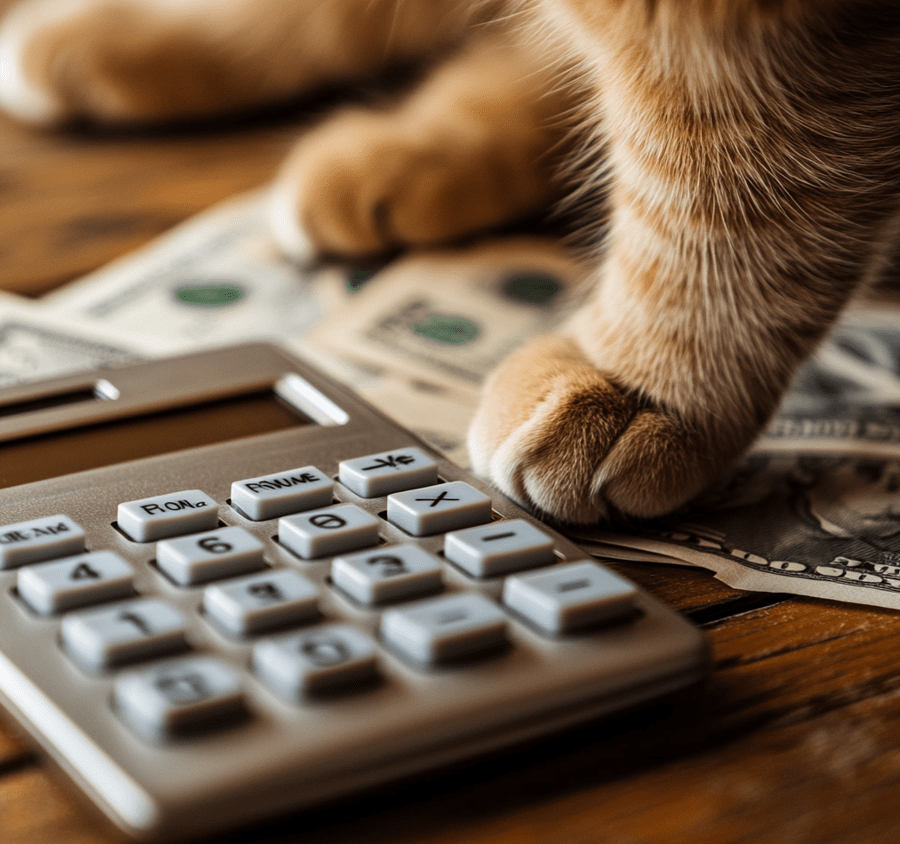 A calculator, dollar bills, and a cat paw touching the calculator on a wooden table, symbolizing financial planning. 