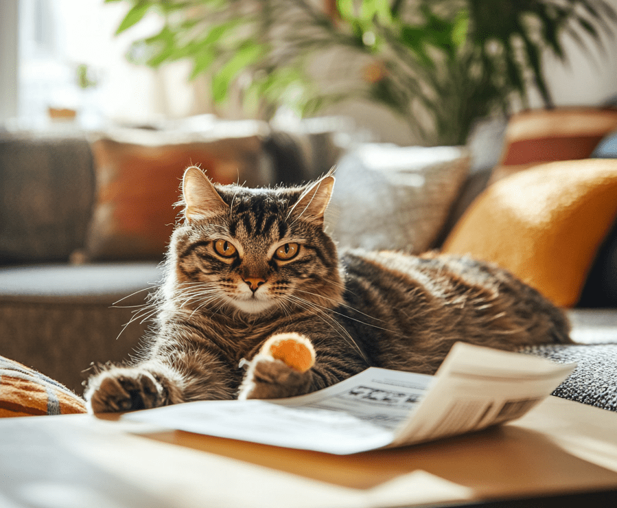 A cat playing with a toy in a sunlit living room, exuding health and happiness, with an insurance document subtly placed on a nearby table. 