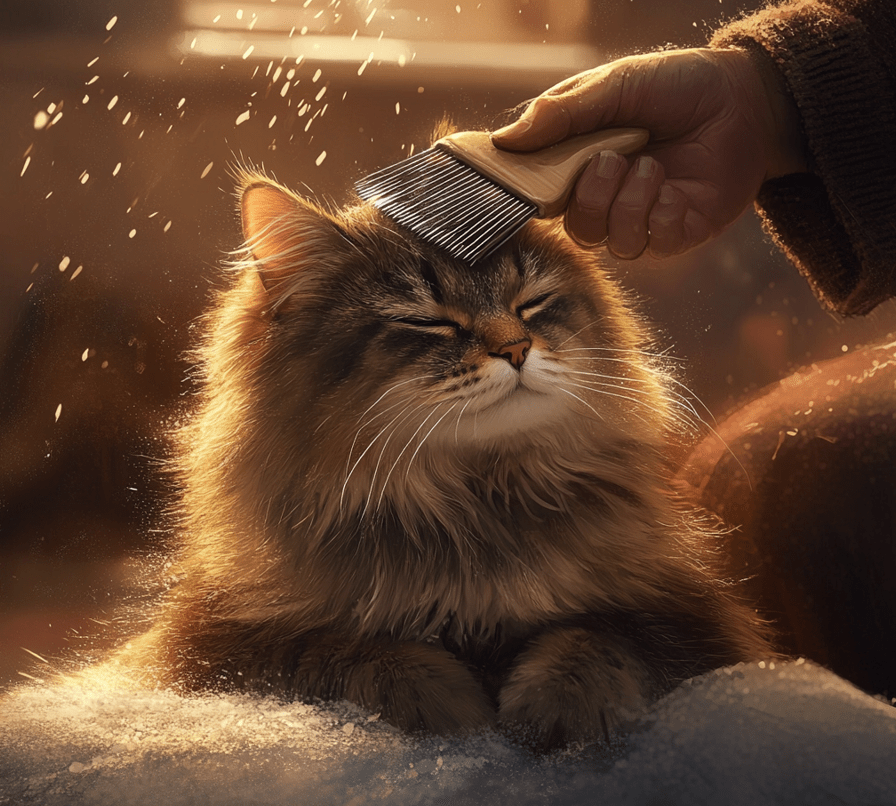 A close-up of a person gently brushing a cat with a slicker brush.
