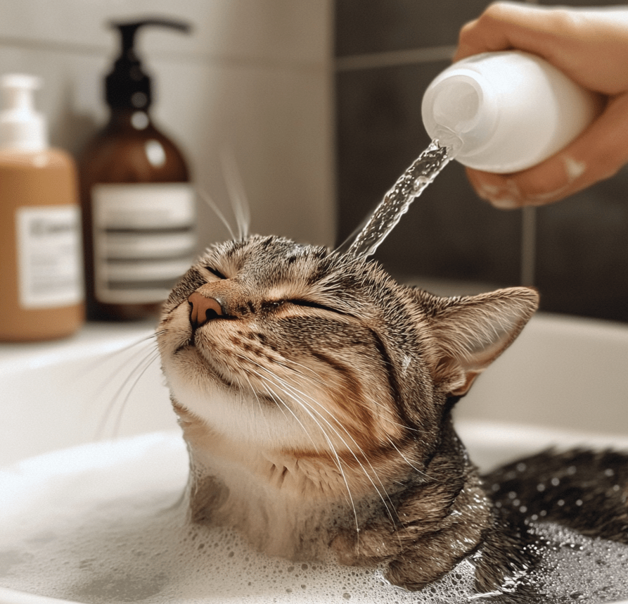 A cat being bathed in a sink with a calm demeanor.
