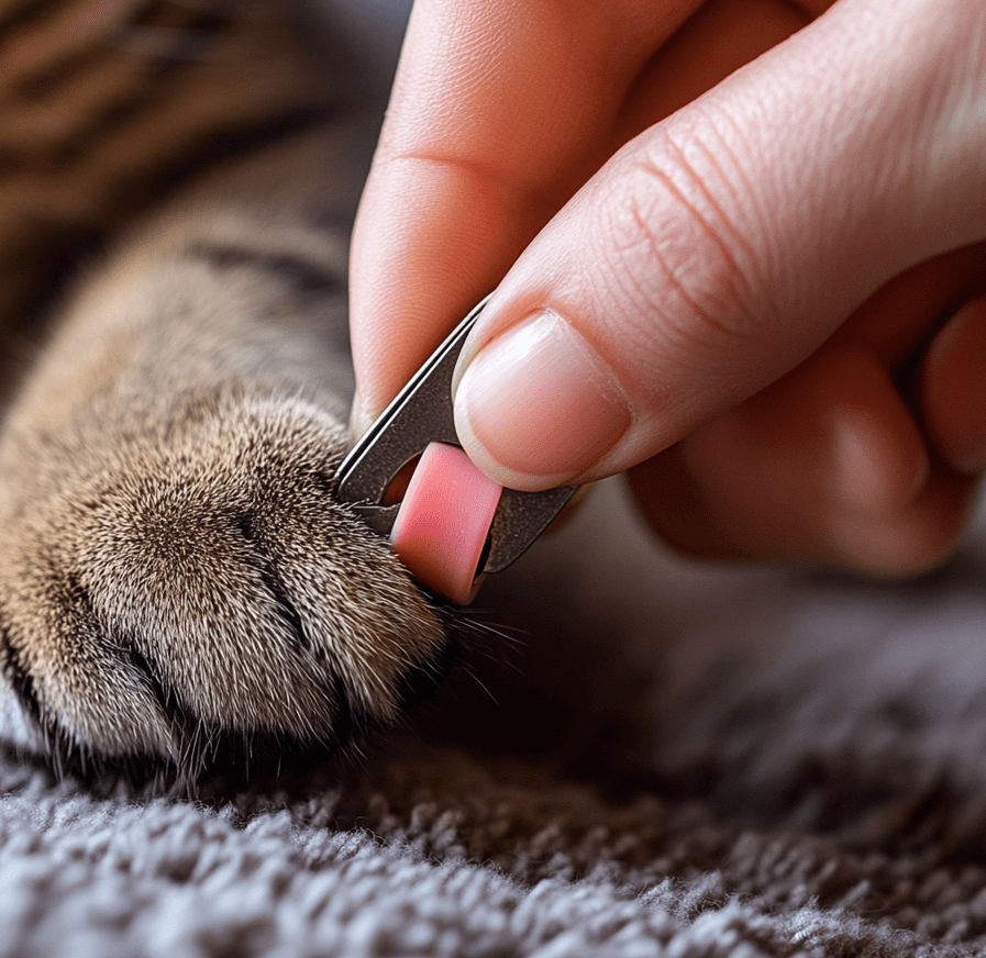 A close-up of a hand carefully clipping a cat's nails with a specialized clipper.
