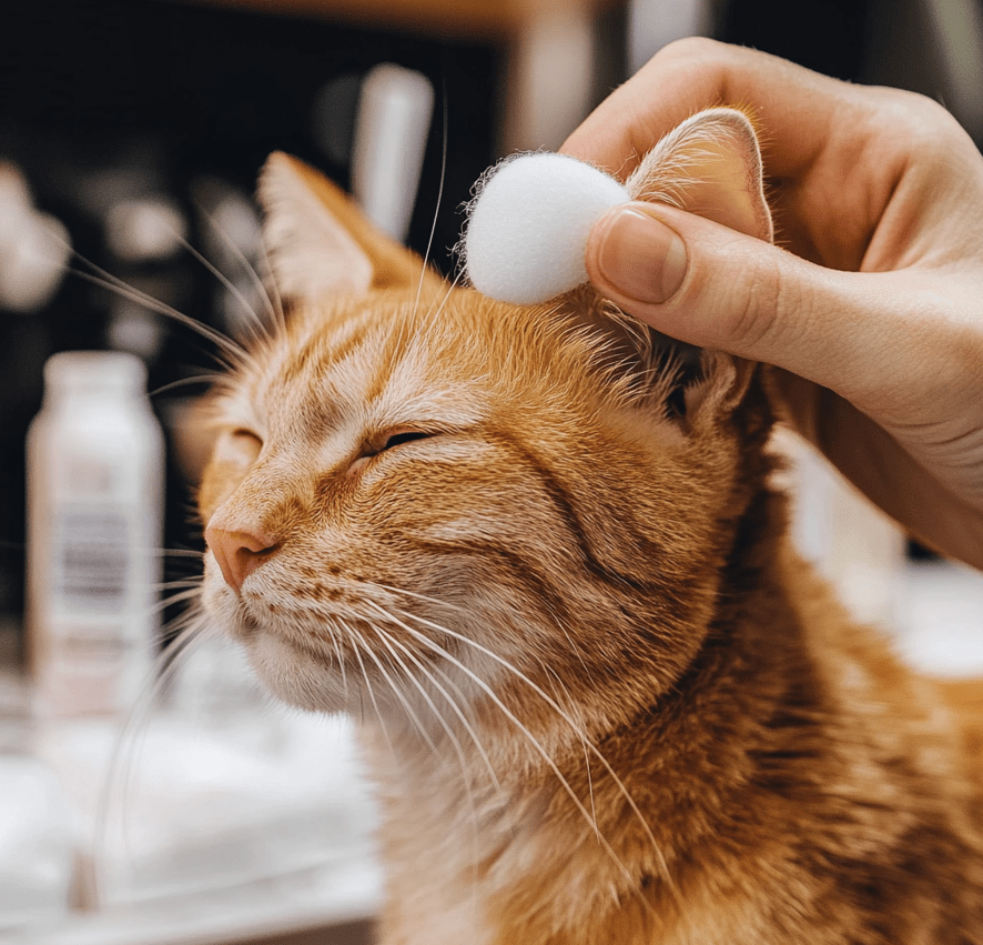 A person cleaning a cat's ears with a cotton ball.
