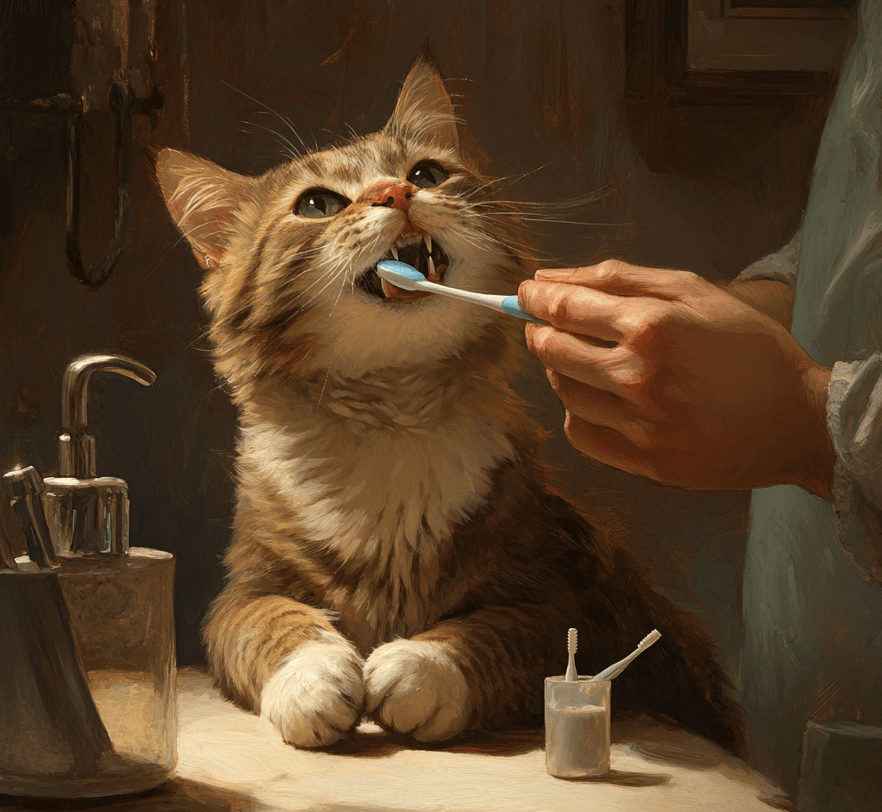  A person brushing a cat's teeth with a cat-specific toothbrush.
