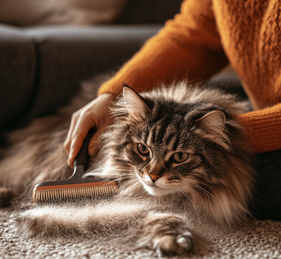 A fluffy cat being brushed with a de-shedding tool, with loose fur visible on the brush.
