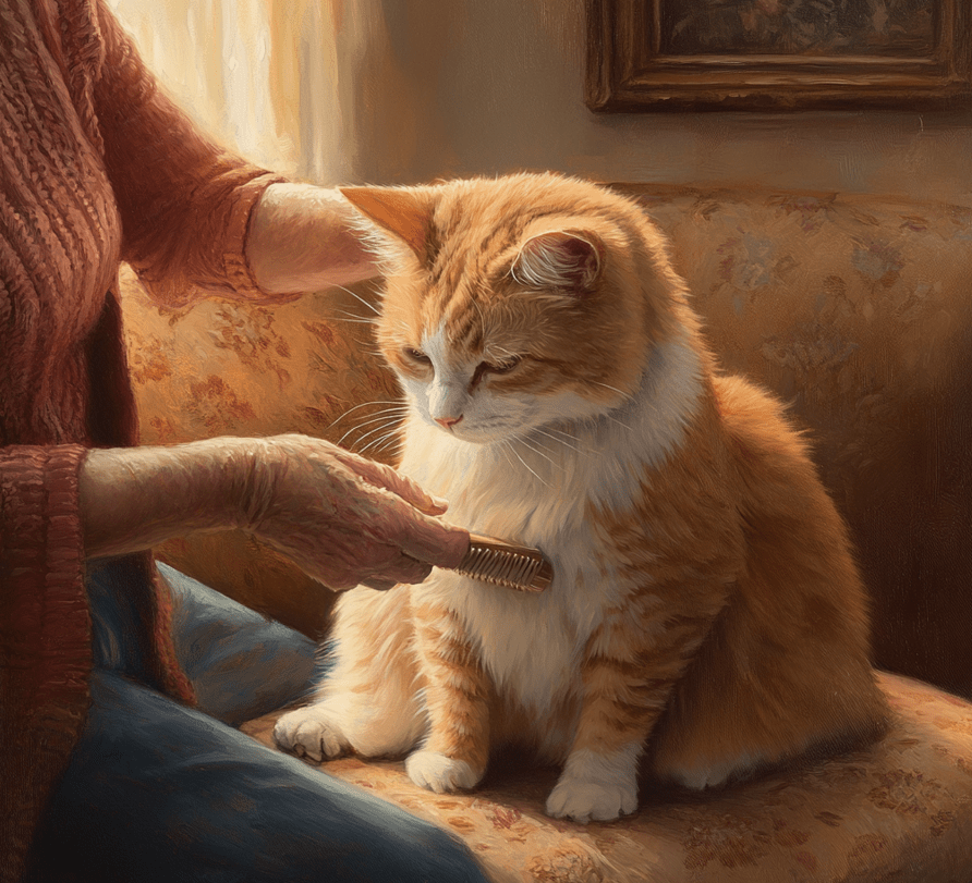 An elderly cat being groomed gently by its owner.
