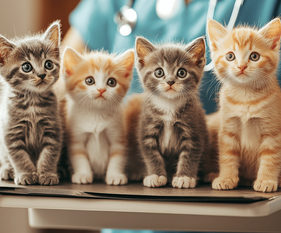 A group of kittens being examined by a veterinarian, with tools like stethoscopes and thermometers visible.
