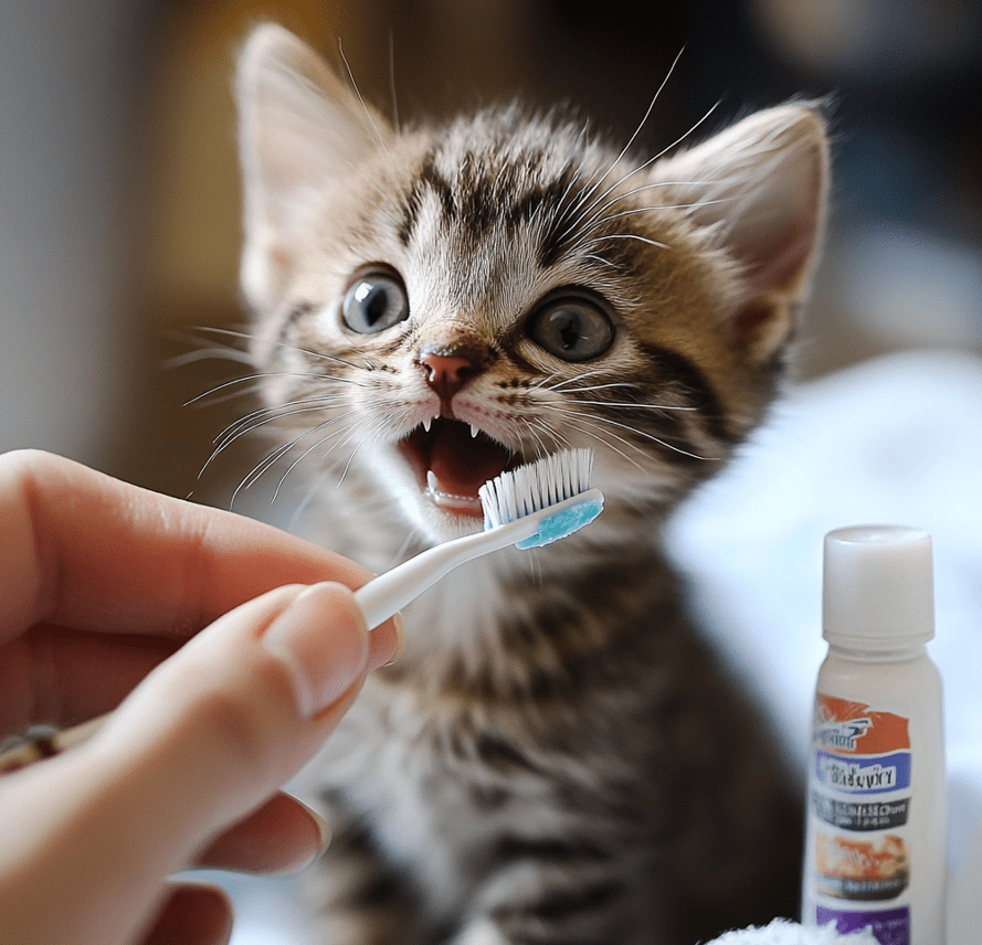 A kitten having its teeth brushed by a hand using a soft toothbrush with cat-safe toothpaste nearby.
