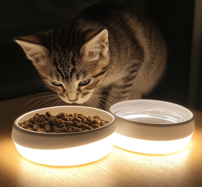 A healthy-looking kitten eating from a bowl of balanced kitten food, with a water bowl nearby.