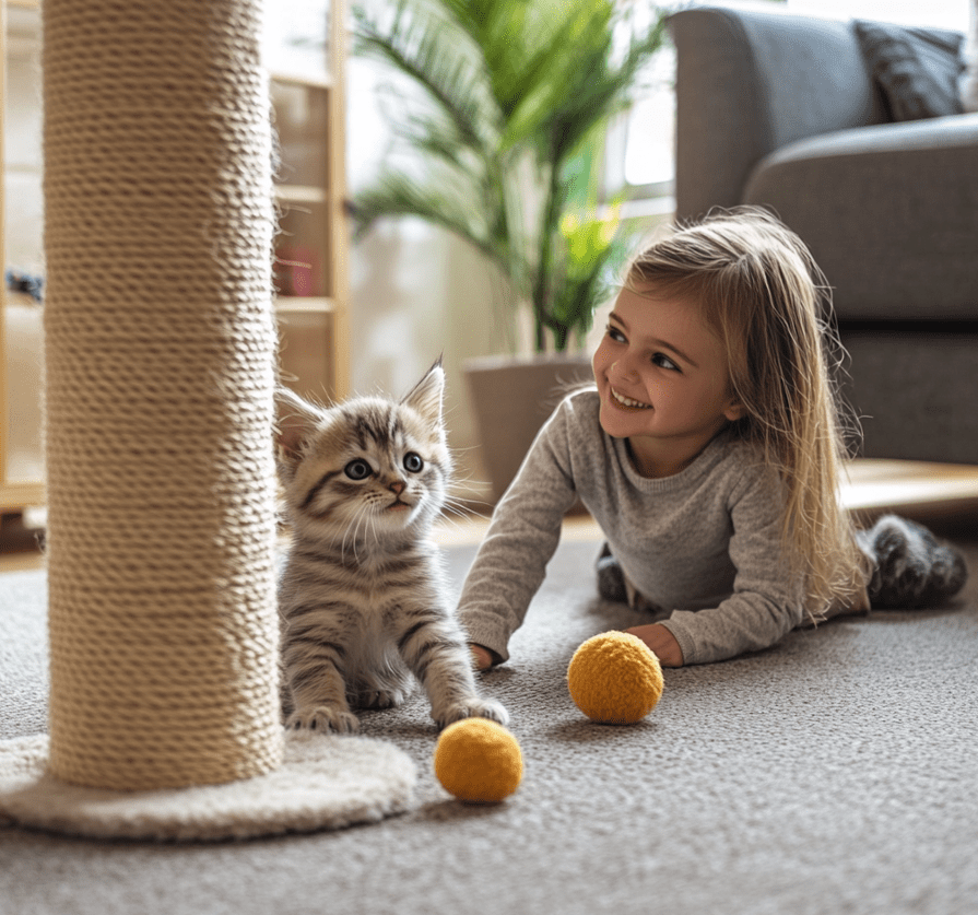 A kitten playing with a gentle dog and a child in a safe indoor environment.