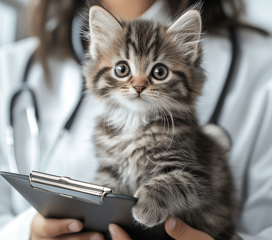 A happy, healthy kitten sitting confidently on a vet's lap, with a clipboard visible, symbolizing proper care.
