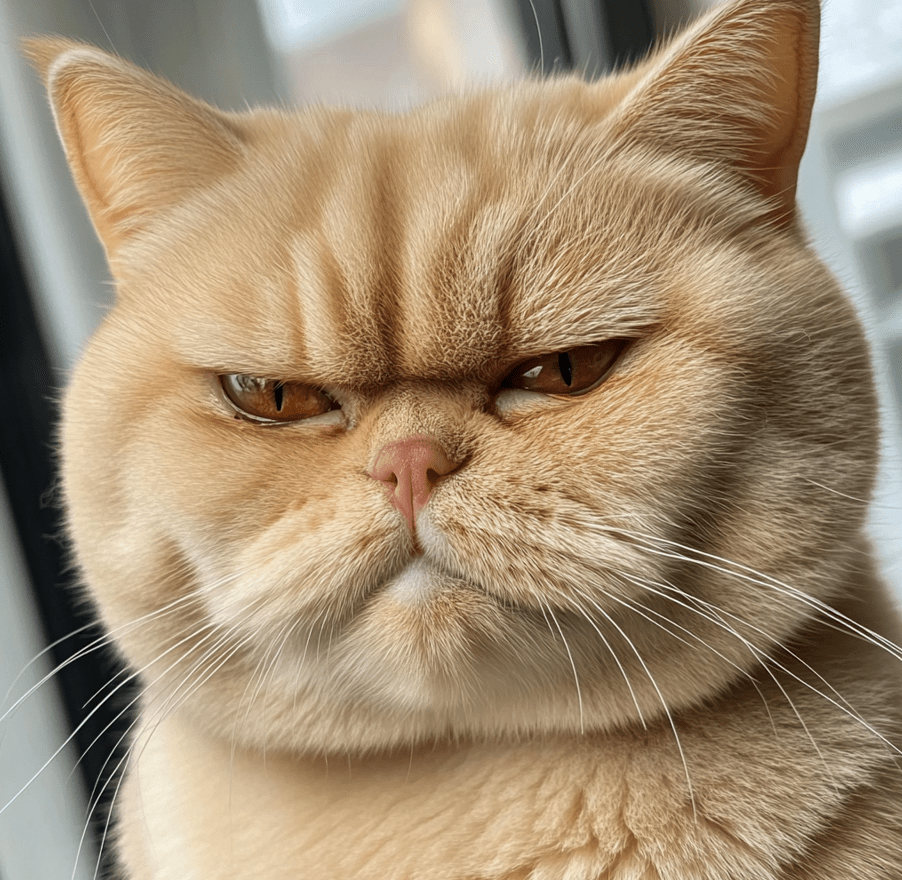  A close-up of a British Shorthair's face showing its swollen cheeks, wide ears, and a slightly frowning yet charming expression. 