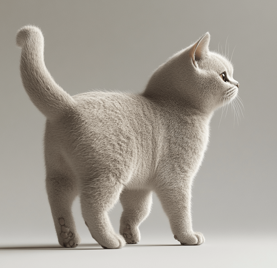 A side view of a British Shorthair standing, showing its short, muscular legs and round paws. 