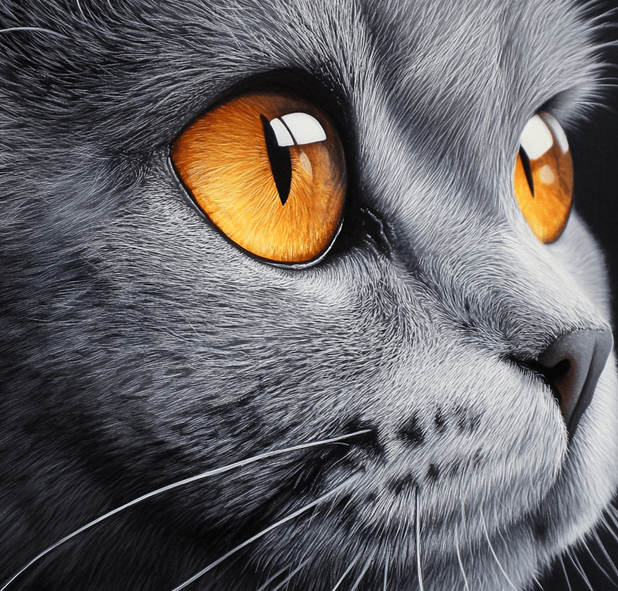 A close-up of a British Shorthair’s wide, round eyes with a golden or copper tint, glowing softly against its gray fur. 