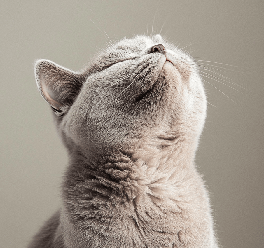 A British Shorthair cat grooming itself, showing the short, dense coat in a classic gray color with a soft sheen. 