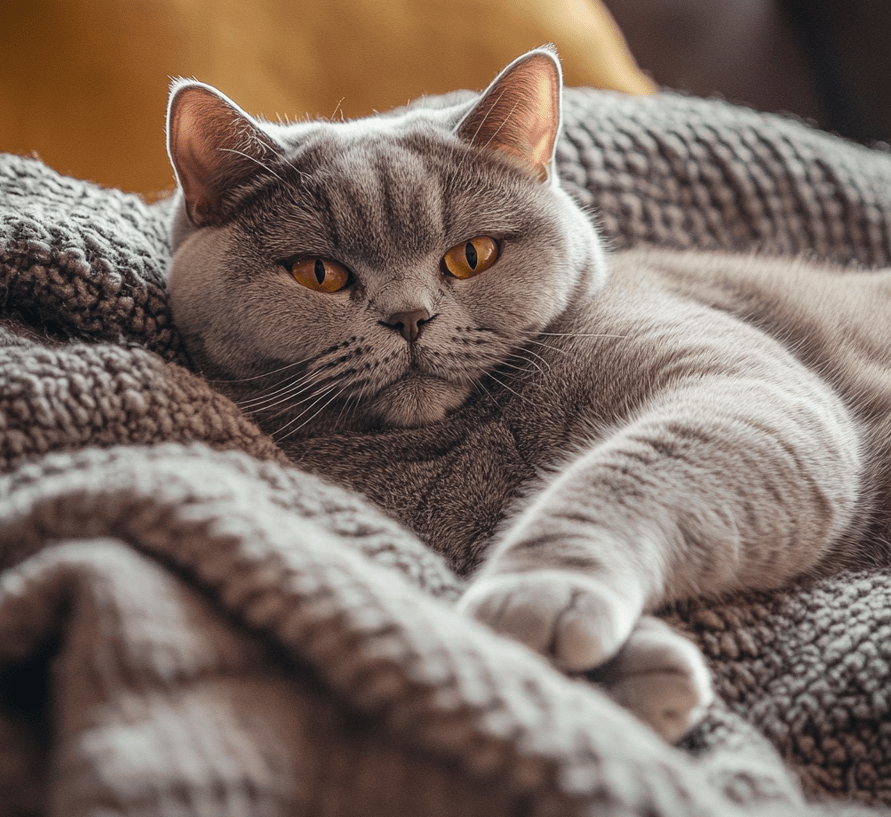 A British Shorthair lying down, displaying its stocky and muscular body, with a sense of its heavier build. 