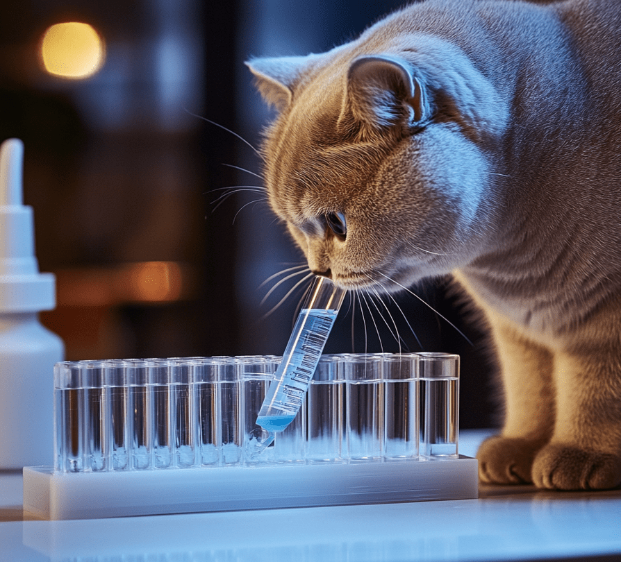 A modern DNA testing kit for pets placed next to a curious British Shorthair inspecting it with its nose. 