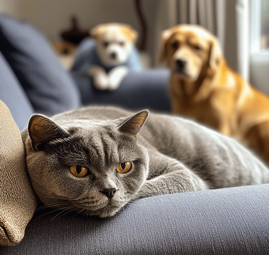 A British Shorthair lounging on a couch, appearing calm and dignified, with a playful dog in the background for contrast. 