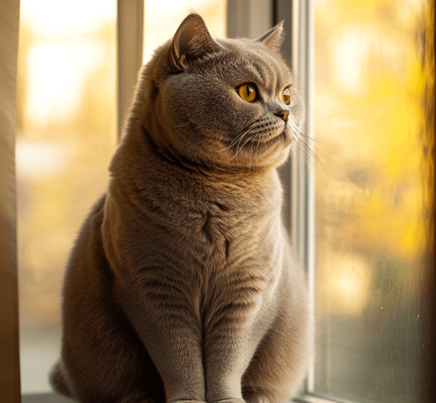 A British Shorthair sitting by a window, gazing outside with a serene expression, with soft sunlight enhancing the texture of its fur. 