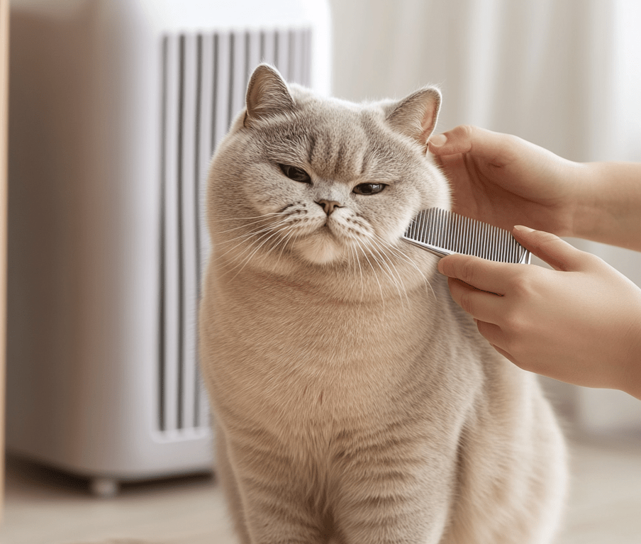 A British Shorthair cat being gently brushed by a person, with a HEPA air purifier in the background of a tidy living room.
