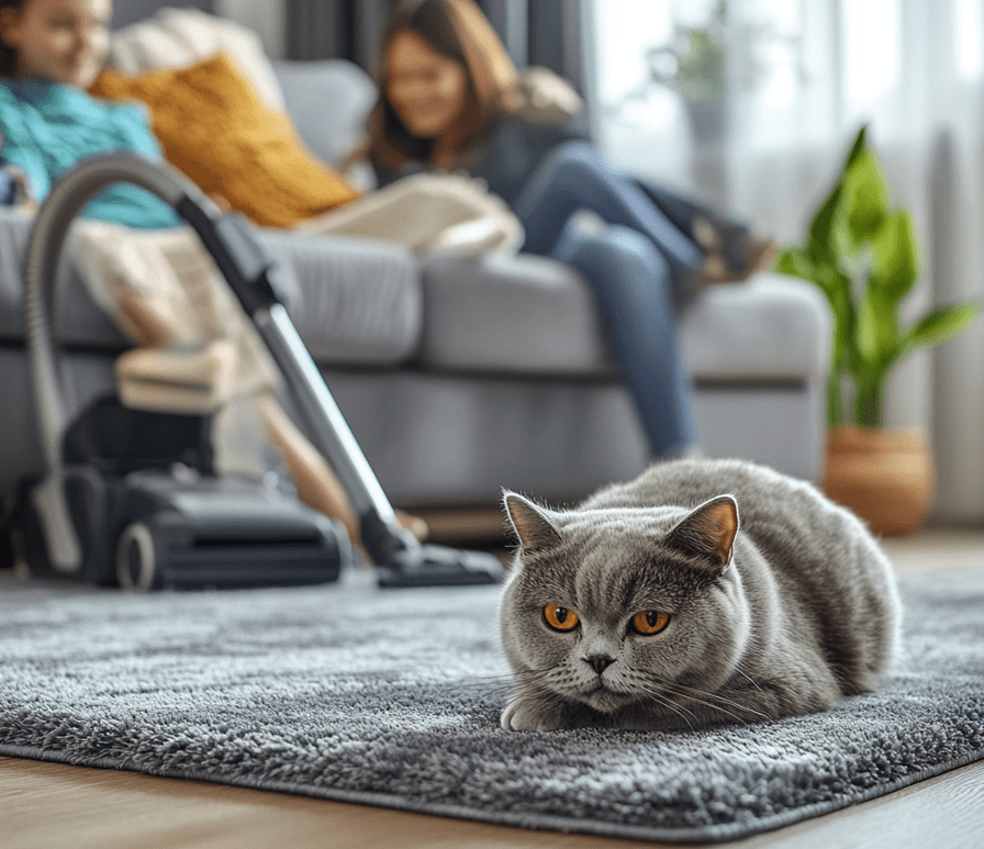 A family vacuuming a clean, modern home with a British Shorthair lounging peacefully in the background.
