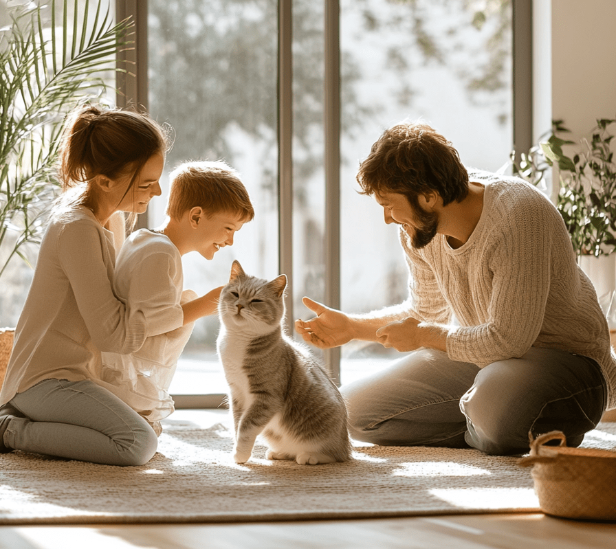 A cheerful family spending time with a British Shorthair in a serene indoor environment.
