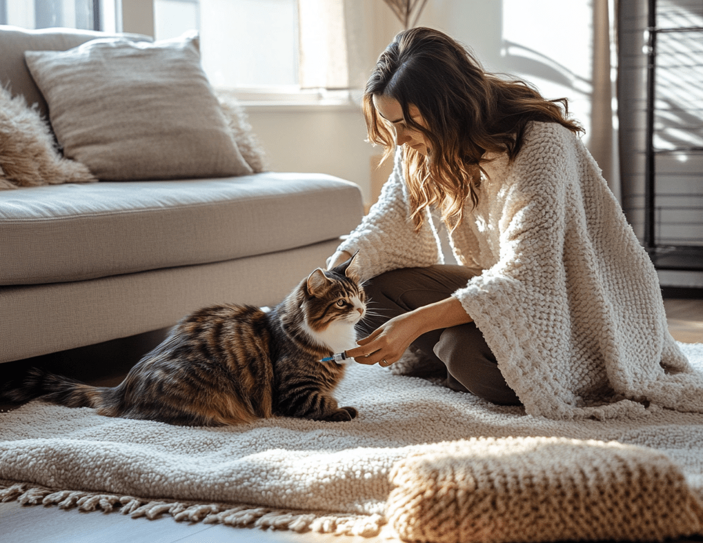 A pet owner administering an insulin injection to a cat at home. 