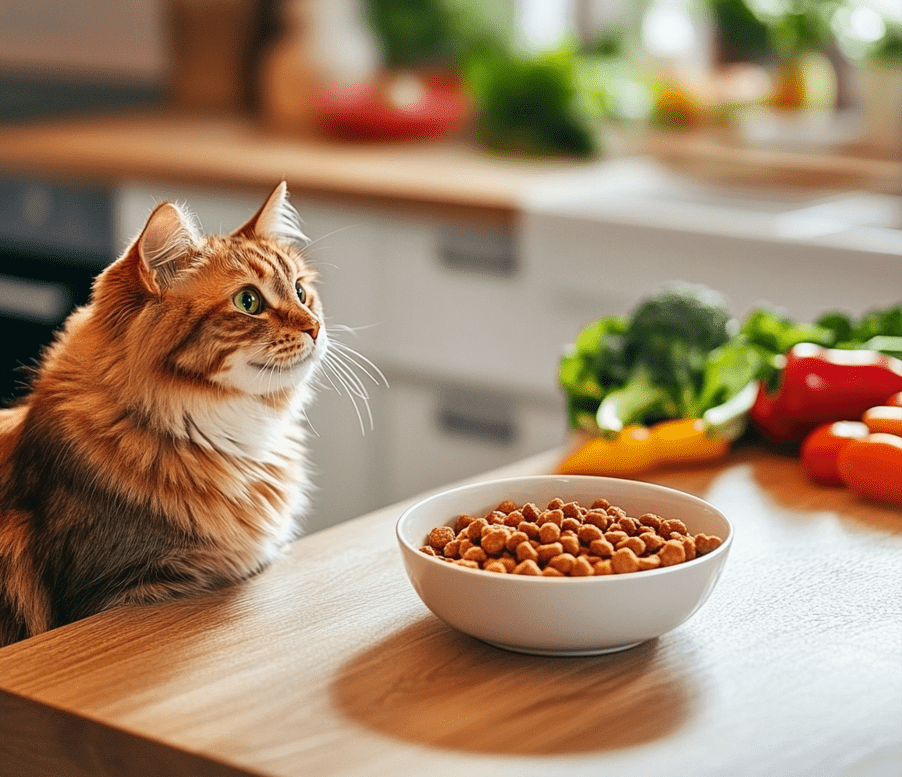 A bowl of high-protein, low-carb cat food with a cat eating nearby.
