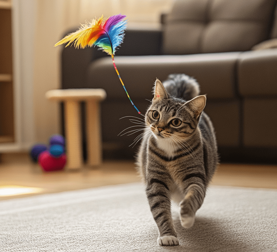  A cat playing with a toy or climbing a scratching post.
