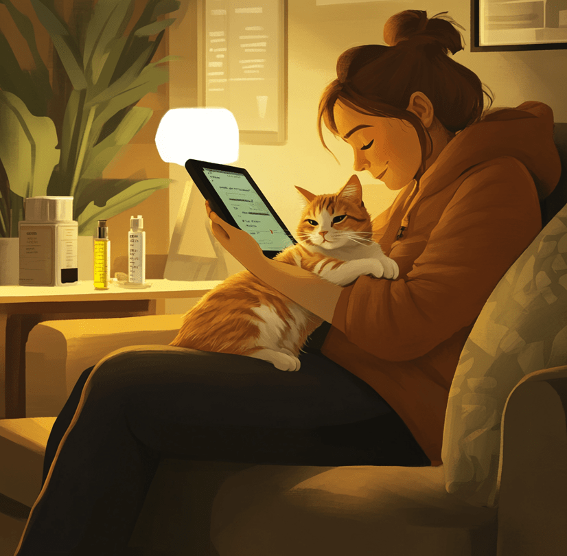 A pet owner cuddling a cat and recording health data on a tablet.
