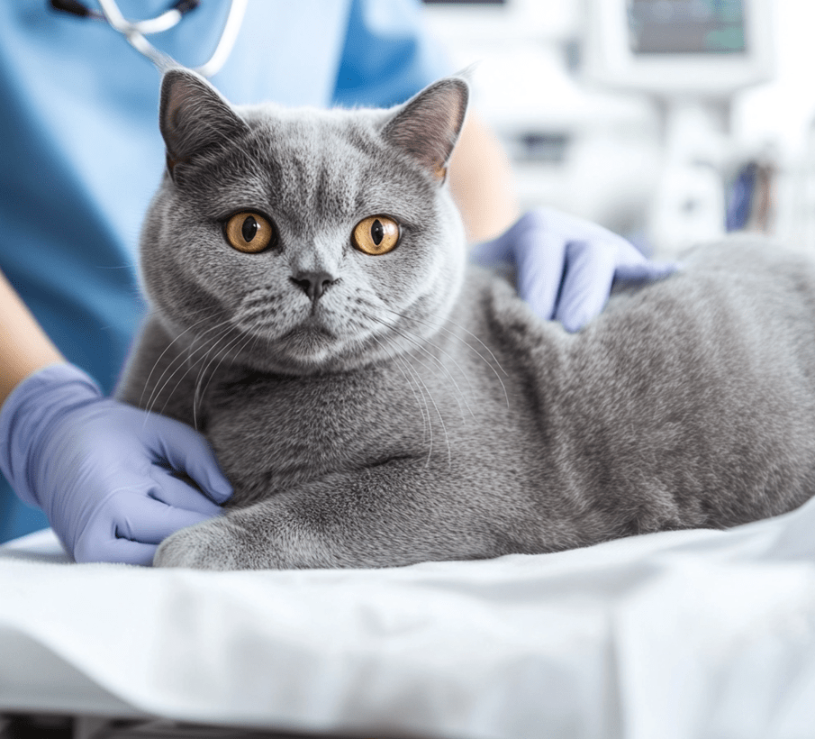 A veterinarian performing an echocardiogram on a calm British Shorthair cat. The setting is a modern veterinary clinic with professional equipment in view.
