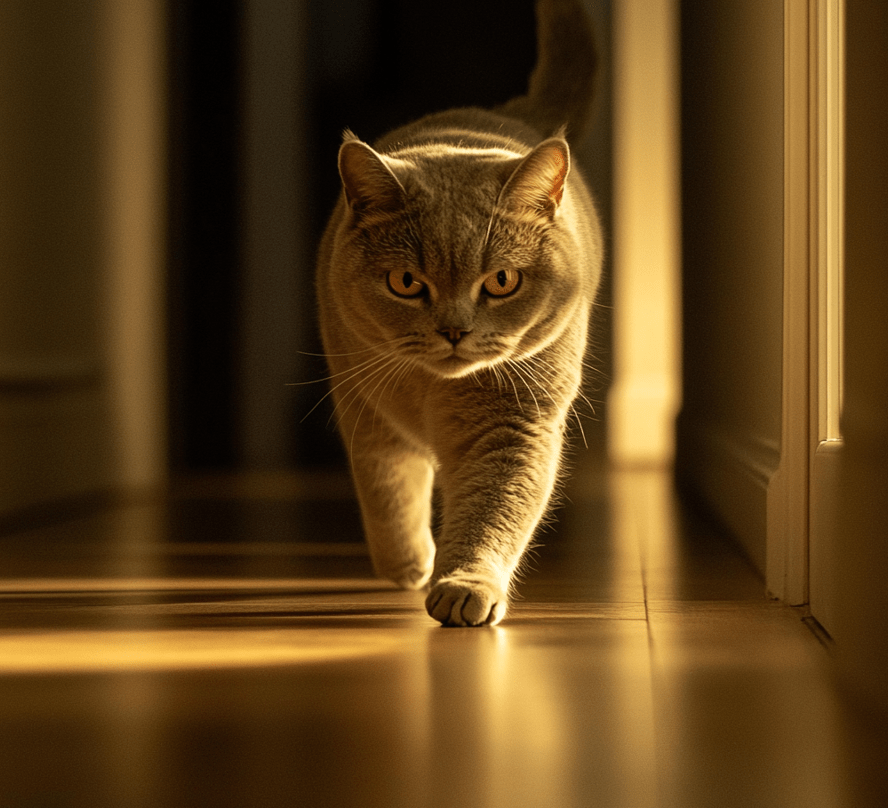 A British Shorthair cat struggling to walk, with its hind legs visibly weak. The background could be a simple home hallway, with the cat looking distressed but still alert.
