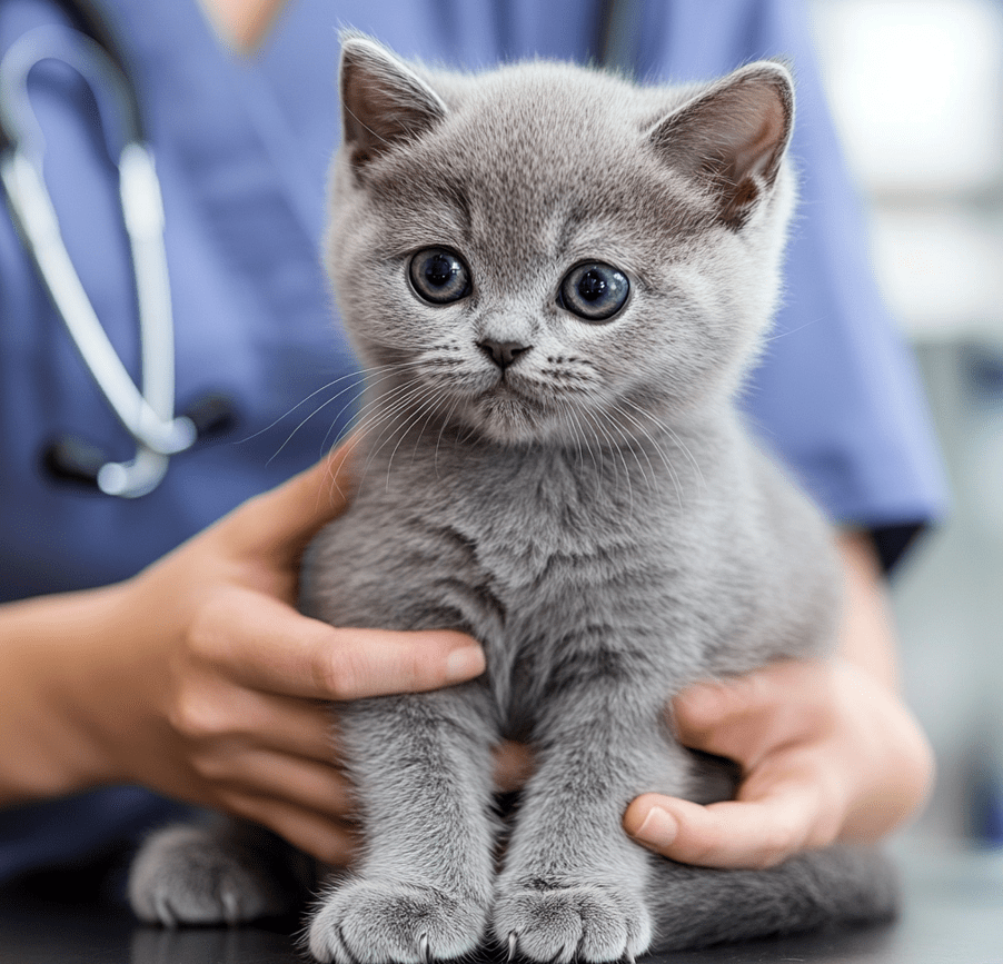 A British Shorthair kitten in a veterinary clinic, with a vet gently examining its chest area. Diagnostic tools like X-rays or ultrasound machines are visible in the background.
